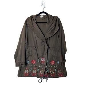 Caite Kyla Seo Olive Green Floral Boho Embroidered Hooded Utility Jacket Medium
